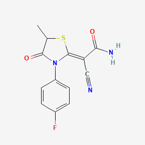 molecular formula C13H10FN3O2S B2893033 (2Z)-2-氰基-2-[3-(4-氟苯基)-5-甲基-4-氧代-1,3-噻唑烷-2-亚甲基]乙酰胺 CAS No. 877810-26-9