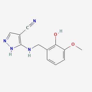 molecular formula C12H12N4O2 B2893043 5-[(2-hydroxy-3-methoxybenzyl)amino]-1H-pyrazole-4-carbonitrile CAS No. 1027754-56-8