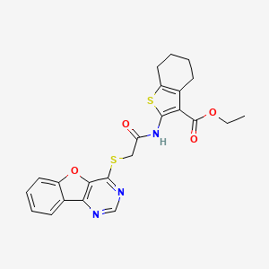 molecular formula C23H21N3O4S2 B2893086 Ethyl 2-(2-(benzofuro[3,2-d]pyrimidin-4-ylthio)acetamido)-4,5,6,7-tetrahydrobenzo[b]thiophene-3-carboxylate CAS No. 851130-31-9