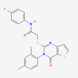 molecular formula C22H18FN3O2S2 B2893108 2-{[3-(2,4-dimethylphenyl)-4-oxo-3,4-dihydrothieno[3,2-d]pyrimidin-2-yl]sulfanyl}-N-(4-fluorophenyl)acetamide CAS No. 1260910-39-1