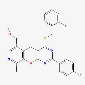 molecular formula C25H19F2N3O2S B2893133 [5-(4-Fluorophenyl)-7-{[(2-fluorophenyl)methyl]sulfanyl}-14-methyl-2-oxa-4,6,13-triazatricyclo[8.4.0.0^{3,8}]tetradeca-1(10),3(8),4,6,11,13-hexaen-11-yl]methanol CAS No. 892417-88-8