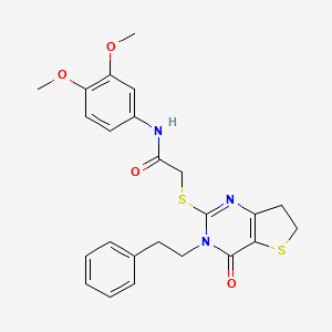 molecular formula C24H25N3O4S2 B2893182 N-(3,4-dimethoxyphenyl)-2-((4-oxo-3-phenethyl-3,4,6,7-tetrahydrothieno[3,2-d]pyrimidin-2-yl)thio)acetamide CAS No. 877652-35-2