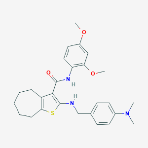 molecular formula C27H33N3O3S B289321 N-(2,4-dimethoxyphenyl)-2-{[4-(dimethylamino)benzyl]amino}-5,6,7,8-tetrahydro-4H-cyclohepta[b]thiophene-3-carboxamide 