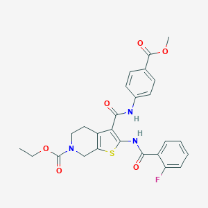 molecular formula C26H24FN3O6S B289327 ethyl 2-[(2-fluorobenzoyl)amino]-3-{[4-(methoxycarbonyl)anilino]carbonyl}-4,7-dihydrothieno[2,3-c]pyridine-6(5H)-carboxylate 
