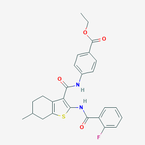 molecular formula C26H25FN2O4S B289332 Ethyl 4-[({2-[(2-fluorobenzoyl)amino]-6-methyl-4,5,6,7-tetrahydro-1-benzothien-3-yl}carbonyl)amino]benzoate 