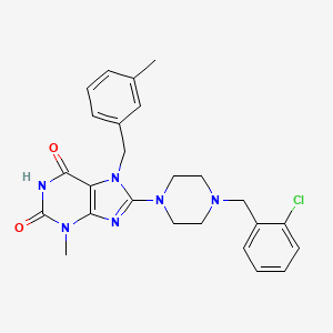 molecular formula C25H27ClN6O2 B2893323 8-{4-[(2-Chlorophenyl)methyl]piperazinyl}-3-methyl-7-[(3-methylphenyl)methyl]-1,3,7-trihydropurine-2,6-dione CAS No. 886907-91-1