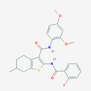 molecular formula C25H25FN2O4S B289333 N-(2,4-dimethoxyphenyl)-2-[(2-fluorobenzoyl)amino]-6-methyl-4,5,6,7-tetrahydro-1-benzothiophene-3-carboxamide 