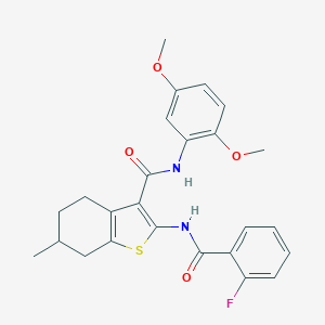 molecular formula C25H25FN2O4S B289334 N-(2,5-dimethoxyphenyl)-2-[(2-fluorobenzoyl)amino]-6-methyl-4,5,6,7-tetrahydro-1-benzothiophene-3-carboxamide 