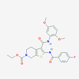 molecular formula C26H26FN3O6S B289342 ethyl 3-[(2,5-dimethoxyphenyl)carbamoyl]-2-{[(4-fluorophenyl)carbonyl]amino}-4,7-dihydrothieno[2,3-c]pyridine-6(5H)-carboxylate 