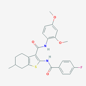 molecular formula C25H25FN2O4S B289346 N-(2,4-dimethoxyphenyl)-2-[(4-fluorobenzoyl)amino]-6-methyl-4,5,6,7-tetrahydro-1-benzothiophene-3-carboxamide 