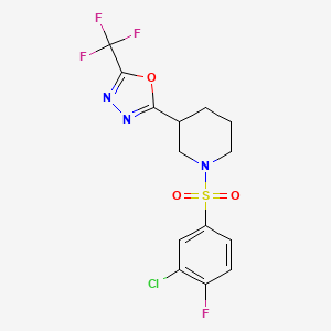 molecular formula C14H12ClF4N3O3S B2893928 2-(1-((3-Chloro-4-fluorophenyl)sulfonyl)piperidin-3-yl)-5-(trifluoromethyl)-1,3,4-oxadiazole CAS No. 1396862-56-8