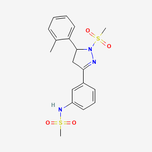 molecular formula C18H21N3O4S2 B2894129 N-{3-[1-甲磺酰基-5-(2-甲基苯基)-4,5-二氢-1H-吡唑-3-基]苯基}甲磺酰胺 CAS No. 833430-25-4