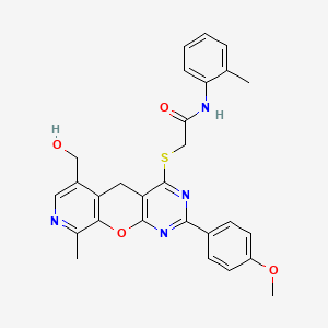 molecular formula C28H26N4O4S B2894170 2-{[6-(hydroxymethyl)-2-(4-methoxyphenyl)-9-methyl-5H-pyrido[4',3':5,6]pyrano[2,3-d]pyrimidin-4-yl]thio}-N-(2-methylphenyl)acetamide CAS No. 867040-59-3