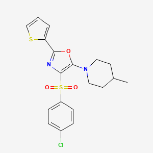 molecular formula C19H19ClN2O3S2 B2894231 4-((4-Chlorophenyl)sulfonyl)-5-(4-methylpiperidin-1-yl)-2-(thiophen-2-yl)oxazole CAS No. 627834-66-6