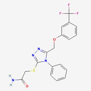 molecular formula C18H15F3N4O2S B2894265 2-[(4-phenyl-5-{[3-(trifluoromethyl)phenoxy]methyl}-4H-1,2,4-triazol-3-yl)sulfanyl]acetamide CAS No. 383145-84-4