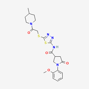 molecular formula C22H27N5O4S2 B2894298 1-(2-methoxyphenyl)-N-(5-((2-(4-methylpiperidin-1-yl)-2-oxoethyl)thio)-1,3,4-thiadiazol-2-yl)-5-oxopyrrolidine-3-carboxamide CAS No. 872595-21-6
