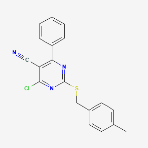 molecular formula C19H14ClN3S B2894348 4-Chloro-2-[(4-methylbenzyl)sulfanyl]-6-phenyl-5-pyrimidinecarbonitrile CAS No. 860649-62-3