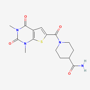molecular formula C15H18N4O4S B2894414 1-(1,3-Dimethyl-2,4-dioxo-1,2,3,4-tetrahydrothieno[2,3-d]pyrimidine-6-carbonyl)piperidine-4-carboxamide CAS No. 946257-46-1