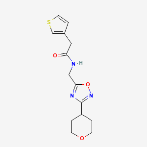 molecular formula C14H17N3O3S B2894426 N-((3-(tetrahydro-2H-pyran-4-yl)-1,2,4-oxadiazol-5-yl)methyl)-2-(thiophen-3-yl)acetamide CAS No. 2034535-88-9