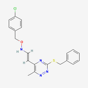 molecular formula C20H19ClN4OS B2894441 3-(Benzylsulfanyl)-5-(2-(((4-chlorobenzyl)oxy)amino)vinyl)-6-methyl-1,2,4-triazine CAS No. 477866-54-9