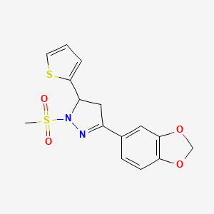 molecular formula C15H14N2O4S2 B2894473 3-(苯并[d][1,3]二氧杂环-5-基)-1-(甲基磺酰基)-5-(噻吩-2-基)-4,5-二氢-1H-吡唑 CAS No. 946261-32-1