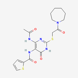 molecular formula C19H23N5O4S2 B2894503 N-(4-乙酰氨基-2-((2-(氮杂环-1-基)-2-氧代乙基)硫代)-6-氧代-1,6-二氢嘧啶-5-基)噻吩-2-甲酰胺 CAS No. 872608-87-2