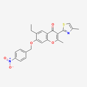 molecular formula C23H20N2O5S B2894618 6-ethyl-2-methyl-3-(4-methylthiazol-2-yl)-7-((4-nitrobenzyl)oxy)-4H-chromen-4-one CAS No. 831193-74-9