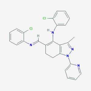 molecular formula C26H21Cl2N5 B289464 N-[5-[(2-chloroanilino)methylene]-3-methyl-1-(2-pyridinyl)-6,7-dihydro-1H-indazol-4-ylidene]-N-(2-chlorophenyl)amine 