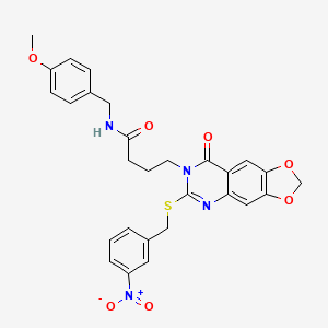 molecular formula C28H26N4O7S B2894714 N-[(4-甲氧基苯基)甲基]-4-[6-[(3-硝基苯基)甲硫基]-8-氧代-[1,3]二氧杂环[4,5-g]喹唑啉-7-基]丁酰胺 CAS No. 688059-97-4