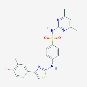 molecular formula C22H20FN5O2S2 B289478 N-(4,6-dimethylpyrimidin-2-yl)-4-{[4-(4-fluoro-3-methylphenyl)-1,3-thiazol-2-yl]amino}benzenesulfonamide 