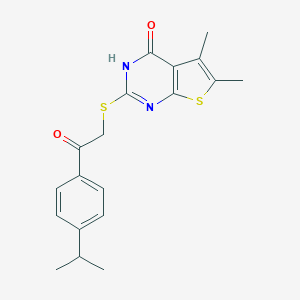 molecular formula C19H20N2O2S2 B289485 2-[(4-Hydroxy-5,6-dimethylthieno[2,3-d]pyrimidin-2-yl)sulfanyl]-1-(4-isopropylphenyl)ethanone 