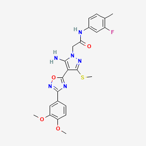 molecular formula C23H23FN6O4S B2894924 2-(5-amino-4-(3-(3,4-dimethoxyphenyl)-1,2,4-oxadiazol-5-yl)-3-(methylthio)-1H-pyrazol-1-yl)-N-(3-fluoro-4-methylphenyl)acetamide CAS No. 1019098-90-8