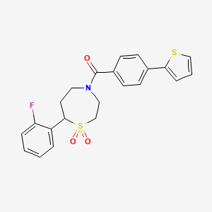 molecular formula C22H20FNO3S2 B2894932 (7-(2-Fluorophenyl)-1,1-dioxido-1,4-thiazepan-4-yl)(4-(thiophen-2-yl)phenyl)methanone CAS No. 2034458-59-6