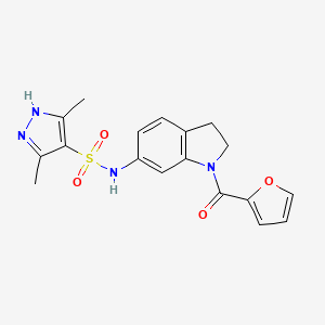 molecular formula C18H18N4O4S B2894990 N-(1-(furan-2-carbonyl)indolin-6-yl)-3,5-dimethyl-1H-pyrazole-4-sulfonamide CAS No. 1239866-31-9