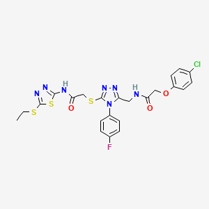 molecular formula C23H21ClFN7O3S3 B2894998 2-(4-chlorophenoxy)-N-[[5-[2-[(5-ethylsulfanyl-1,3,4-thiadiazol-2-yl)amino]-2-oxoethyl]sulfanyl-4-(4-fluorophenyl)-1,2,4-triazol-3-yl]methyl]acetamide CAS No. 389071-76-5