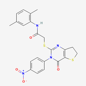 molecular formula C22H20N4O4S2 B2895016 N-(2,5-dimethylphenyl)-2-[[3-(4-nitrophenyl)-4-oxo-6,7-dihydrothieno[3,2-d]pyrimidin-2-yl]sulfanyl]acetamide CAS No. 687568-29-2
