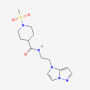 molecular formula C14H21N5O3S B2895071 N-(2-(1H-咪唑并[1,2-b]吡唑-1-基)乙基)-1-(甲磺酰基)哌啶-4-甲酰胺 CAS No. 1797086-12-4