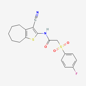 molecular formula C18H17FN2O3S2 B2895117 N-(3-cyano-5,6,7,8-tetrahydro-4H-cyclohepta[b]thiophen-2-yl)-2-((4-fluorophenyl)sulfonyl)acetamide CAS No. 895474-26-7