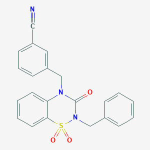 molecular formula C22H17N3O3S B2895127 3-((2-benzyl-1,1-dioxido-3-oxo-2H-benzo[e][1,2,4]thiadiazin-4(3H)-yl)methyl)benzonitrile CAS No. 1031969-33-1