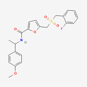 molecular formula C22H22FNO5S B2895159 5-(((2-fluorobenzyl)sulfonyl)methyl)-N-(1-(4-methoxyphenyl)ethyl)furan-2-carboxamide CAS No. 1428360-18-2