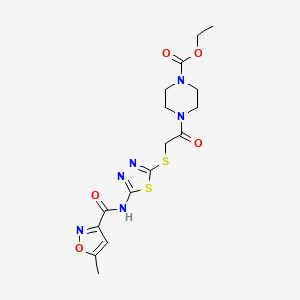 molecular formula C16H20N6O5S2 B2895206 4-(2-((5-(5-甲基异恶唑-3-甲酰胺)-1,3,4-噻二唑-2-基)硫代)乙酰)哌嗪-1-甲酸乙酯 CAS No. 1219907-10-4