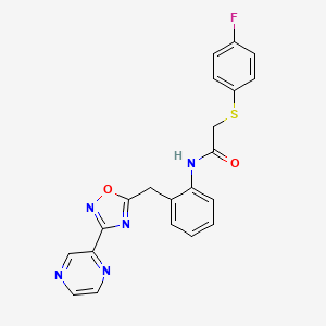 molecular formula C21H16FN5O2S B2895274 2-((4-fluorophenyl)thio)-N-(2-((3-(pyrazin-2-yl)-1,2,4-oxadiazol-5-yl)methyl)phenyl)acetamide CAS No. 2034512-83-7