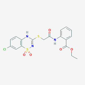 molecular formula C18H16ClN3O5S2 B2895295 ethyl 2-(2-((7-chloro-1,1-dioxido-4H-benzo[e][1,2,4]thiadiazin-3-yl)thio)acetamido)benzoate CAS No. 899734-51-1