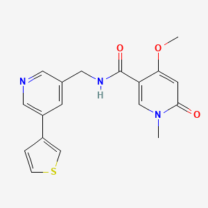molecular formula C18H17N3O3S B2895297 4-methoxy-1-methyl-6-oxo-N-((5-(thiophen-3-yl)pyridin-3-yl)methyl)-1,6-dihydropyridine-3-carboxamide CAS No. 1795480-72-6