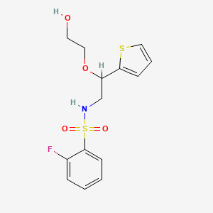 molecular formula C14H16FNO4S2 B2895324 2-fluoro-N-(2-(2-hydroxyethoxy)-2-(thiophen-2-yl)ethyl)benzenesulfonamide CAS No. 2034615-48-8