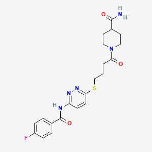 molecular formula C21H24FN5O3S B2895331 1-(4-((6-(4-Fluorobenzamido)pyridazin-3-yl)thio)butanoyl)piperidine-4-carboxamide CAS No. 1105249-13-5