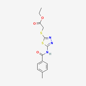 molecular formula C14H15N3O3S2 B2895403 Ethyl 2-((5-(4-methylbenzamido)-1,3,4-thiadiazol-2-yl)thio)acetate CAS No. 392318-05-7