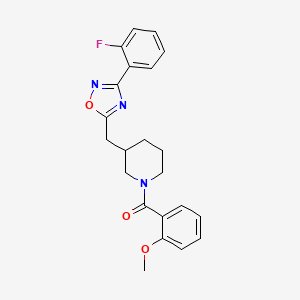molecular formula C22H22FN3O3 B2895450 (3-((3-(2-Fluorophenyl)-1,2,4-oxadiazol-5-yl)methyl)piperidin-1-yl)(2-methoxyphenyl)methanone CAS No. 1705105-87-8