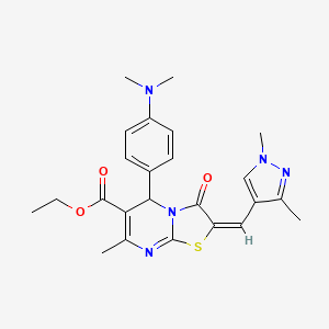 (E)-ethyl 2-((1,3-dimethyl-1H-pyrazol-4-yl)methylene)-5-(4-(dimethylamino)phenyl)-7-methyl-3-oxo-3,5-dihydro-2H-thiazolo[3,2-a]pyrimidine-6-carboxylate