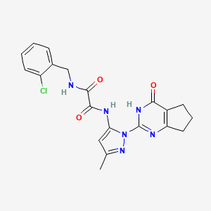 molecular formula C20H19ClN6O3 B2895521 N1-(2-chlorobenzyl)-N2-(3-methyl-1-(4-oxo-4,5,6,7-tetrahydro-3H-cyclopenta[d]pyrimidin-2-yl)-1H-pyrazol-5-yl)oxalamide CAS No. 1014047-72-3